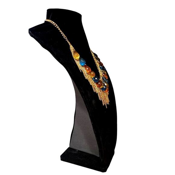 Statement Bib Necklace – Gold Fringe with Blue & Orange Drop Beads (NWOT) - Picture 6 of 7